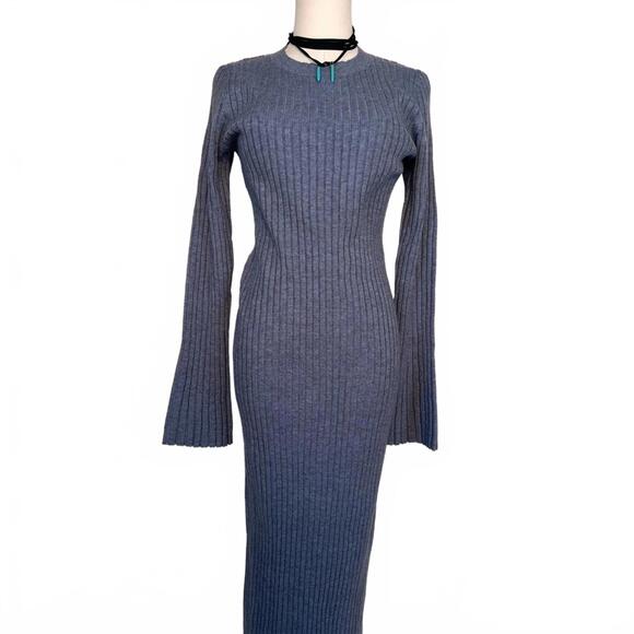 The Drop Dresses & Skirts - THE DROP🩶RIBBED LONG-SLEEVE KNIT MIDI DRESS – Cozy Chic in Heathered Blue-Gray